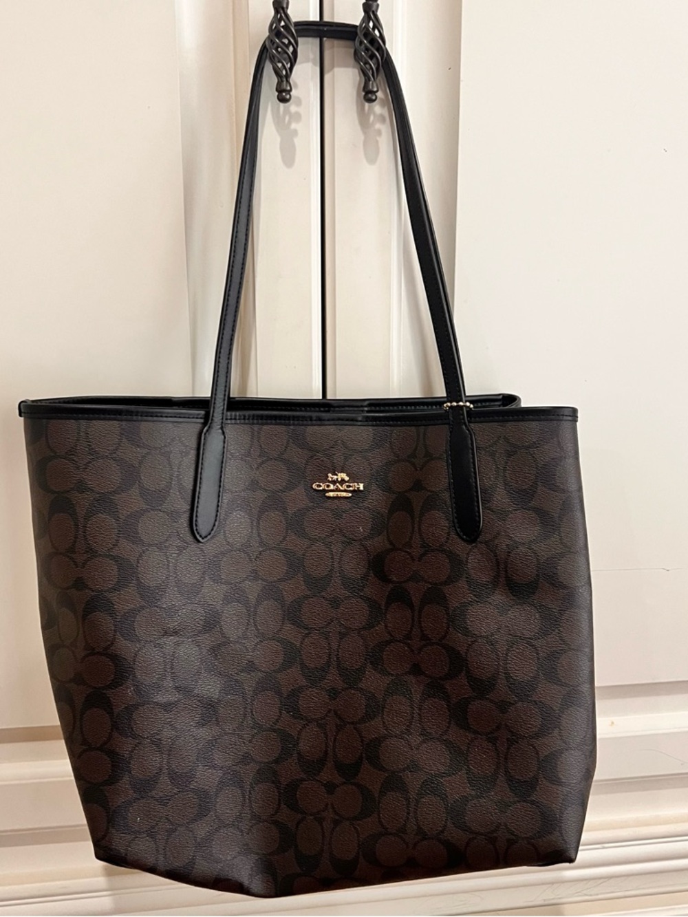 Coach Signature Tote Bag Brown Black Leather Trim